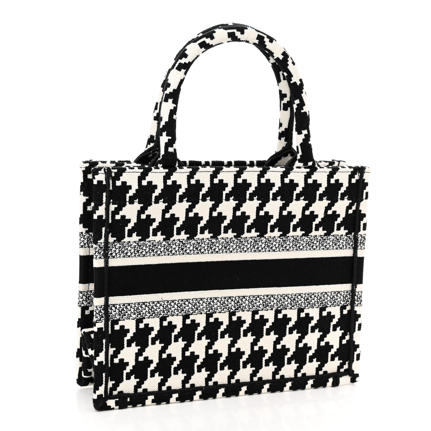 Christian Dior Canvas Houndstooth Embroidered Small Book Tote Black White 3 of 10