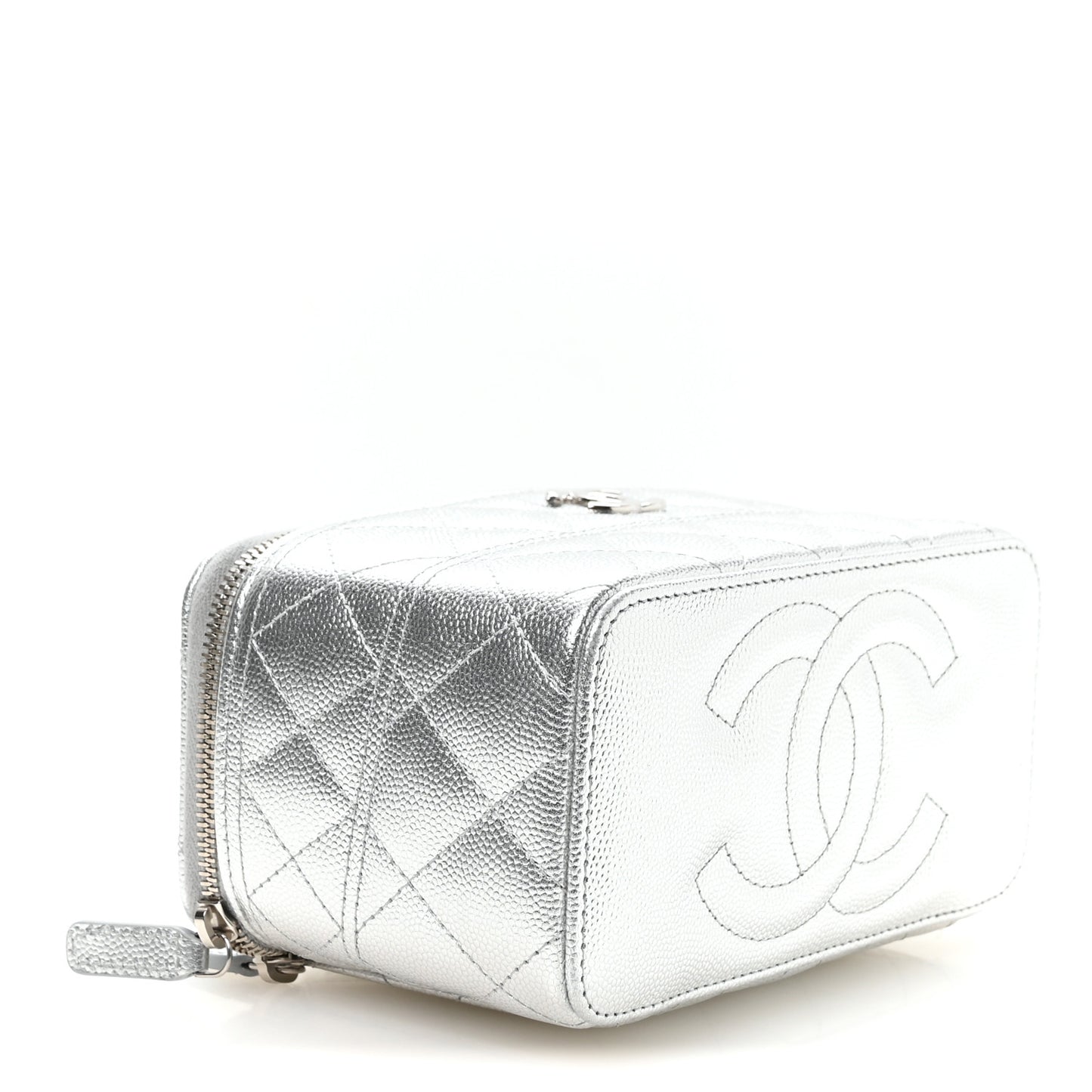 Metallic Caviar Quilted Trendy Handle Mini Vanity Silvery