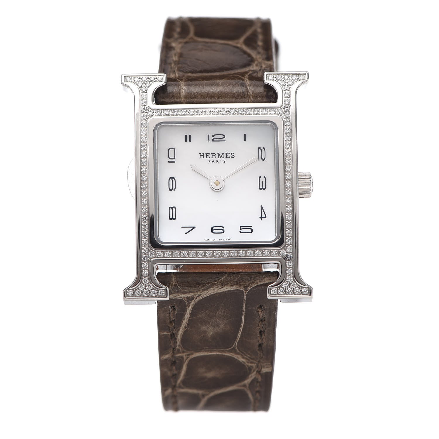 Hermes Stainless Steel Alligator Diamond Bezel Mother of Pearl 21mm Heure H Hour Quartz Watch Gris Elephant 1 of 5