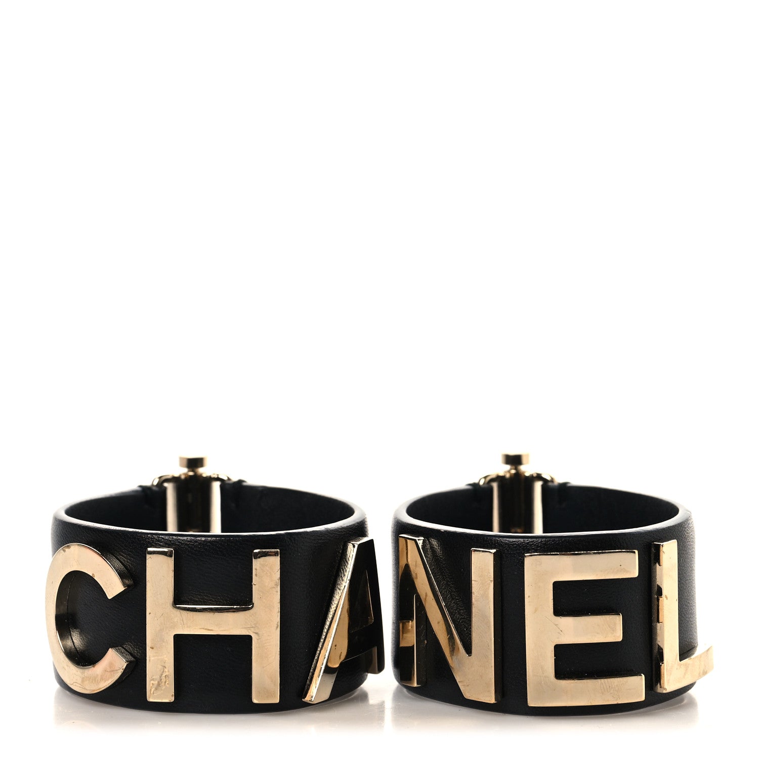 Chanel Lambskin Cha-Nel Logo Cuff Set M Gold Black 1 of 5