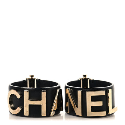 Chanel Lambskin Cha-Nel Logo Cuff Set M Gold Black 1 of 5