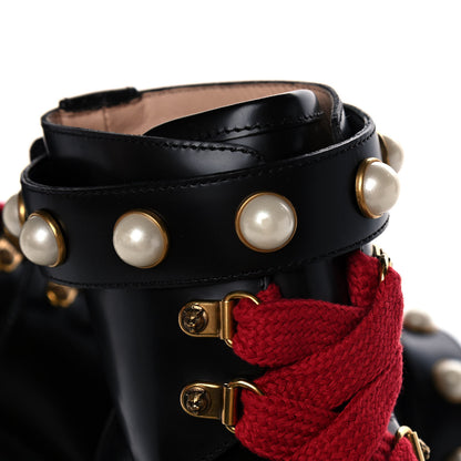 Gucci Magnum Calfskin Pearl Lace Up Combat Ankle Boots 35 Black 9 of 10