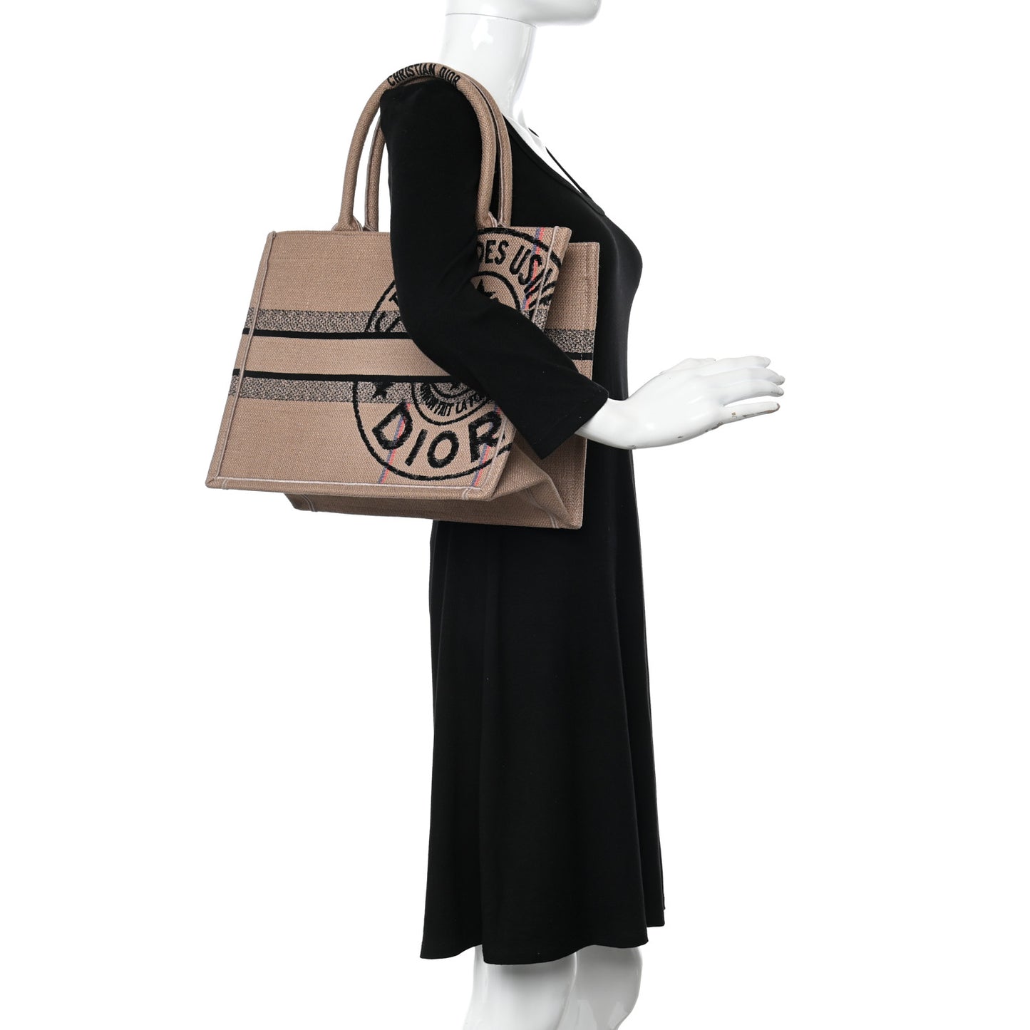 Canvas Jute Embroidered Medium Book Tote Black Beige