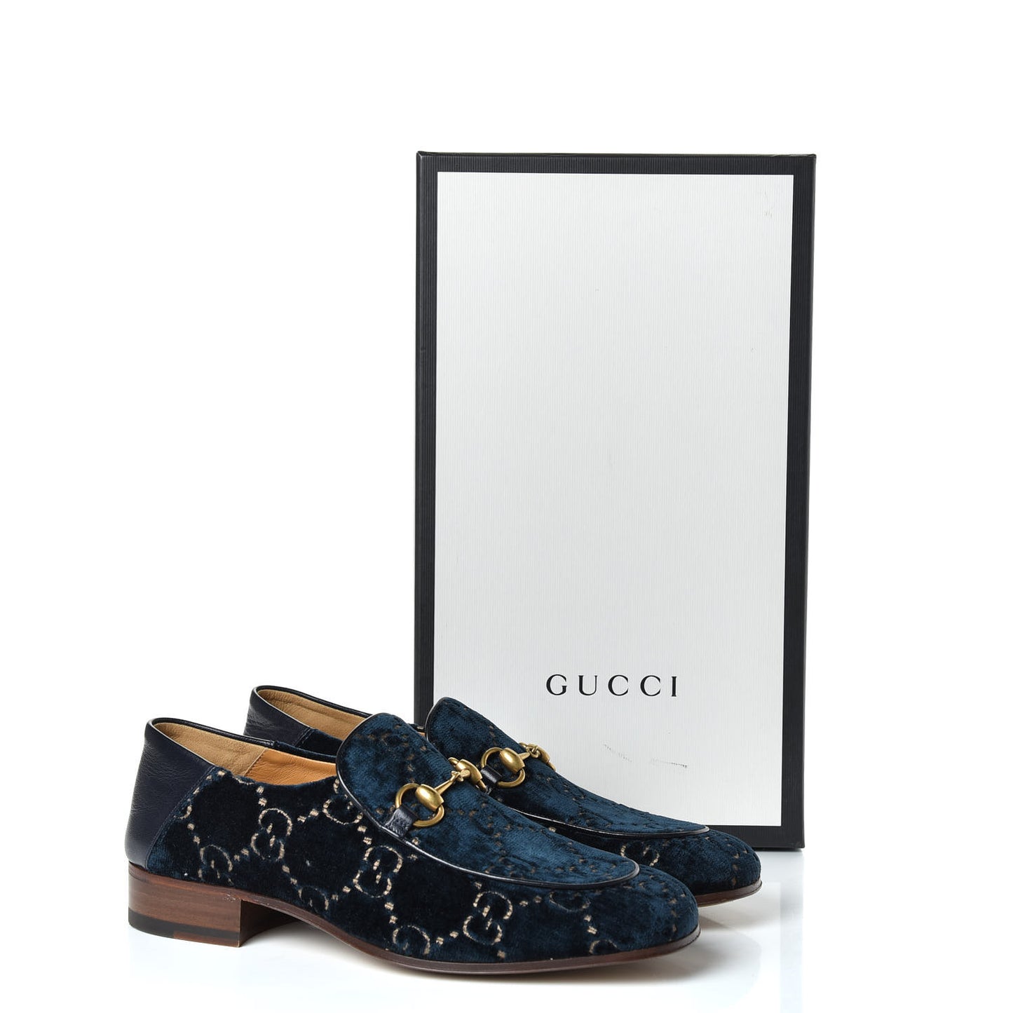 Velvet GG Monogram Goatskin Mens Horsebit Loafers 8 Blue Beige