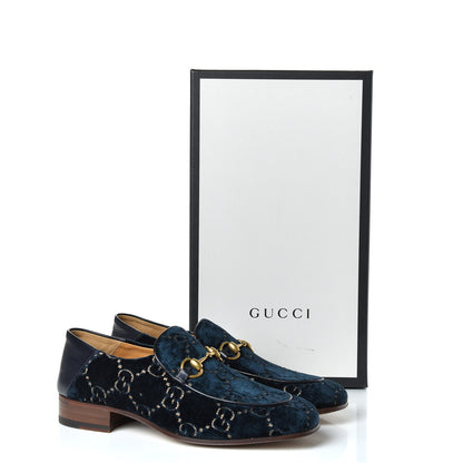 Gucci Velvet GG Monogram Goatskin Mens Horsebit Loafers 8 Blue Beige 11 of 11
