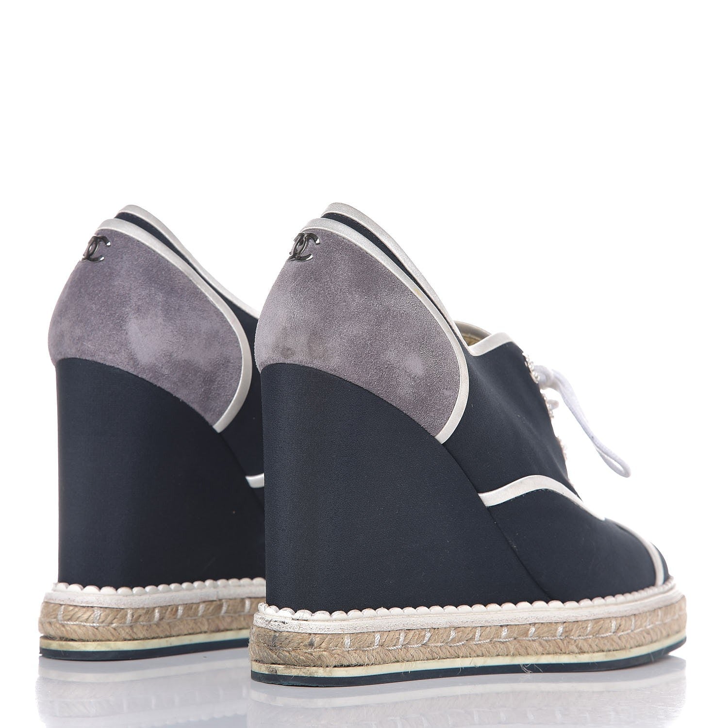 Chanel Silk Crepe Suede Calfskin Lace Up Wedge Espadrilles 36.5 Navy Grey 4 of 10