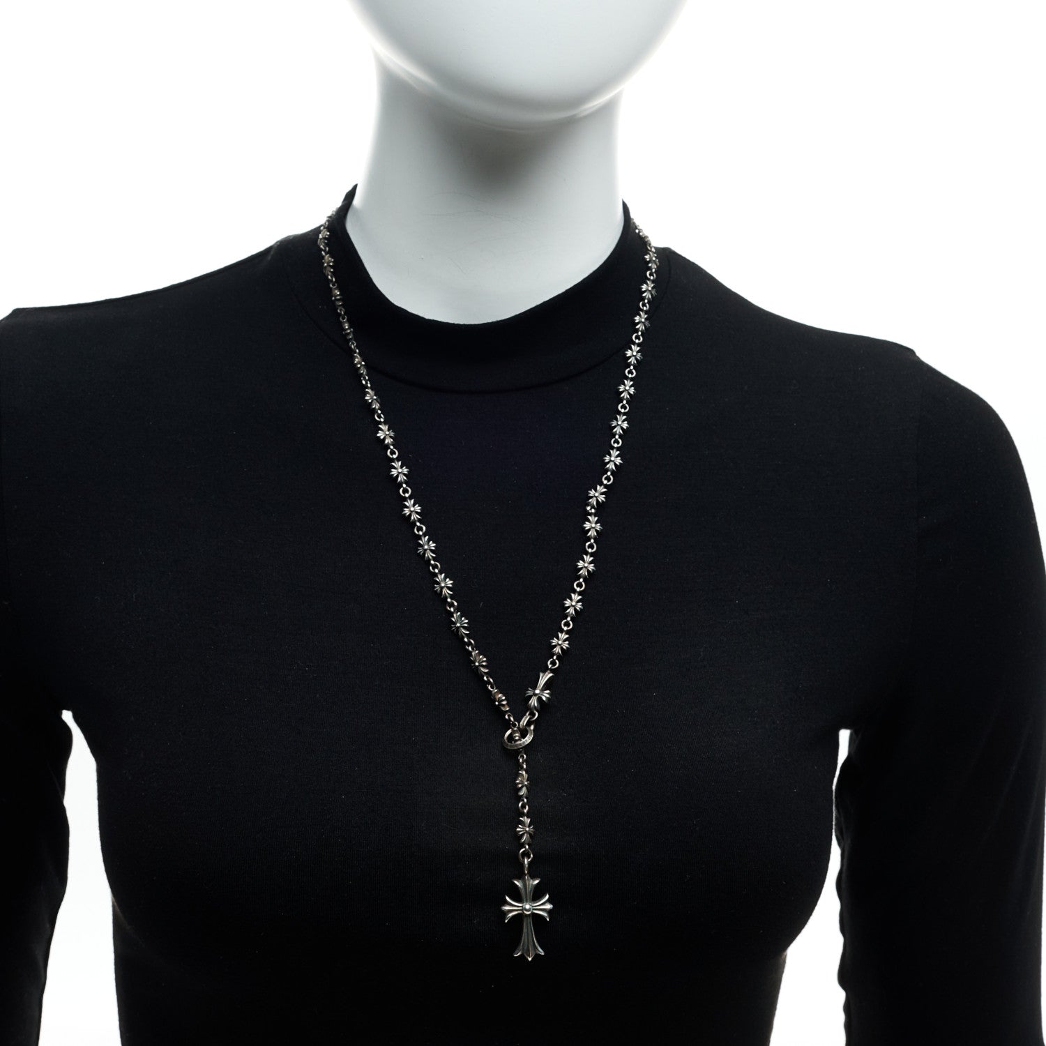Chrome Hearts Sterling Silver Lariat Cross Pendant Necklace