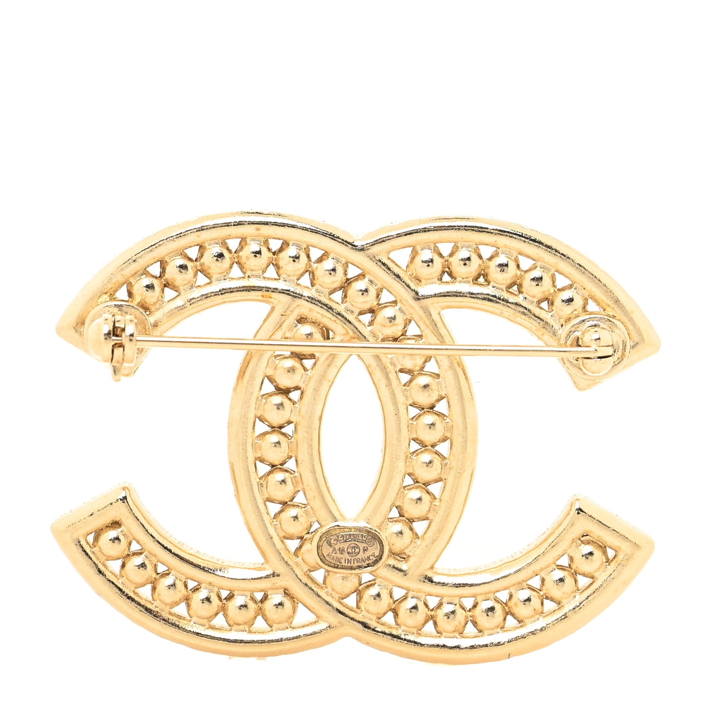 Pearl Crystal Baguette CC Brooch Gold