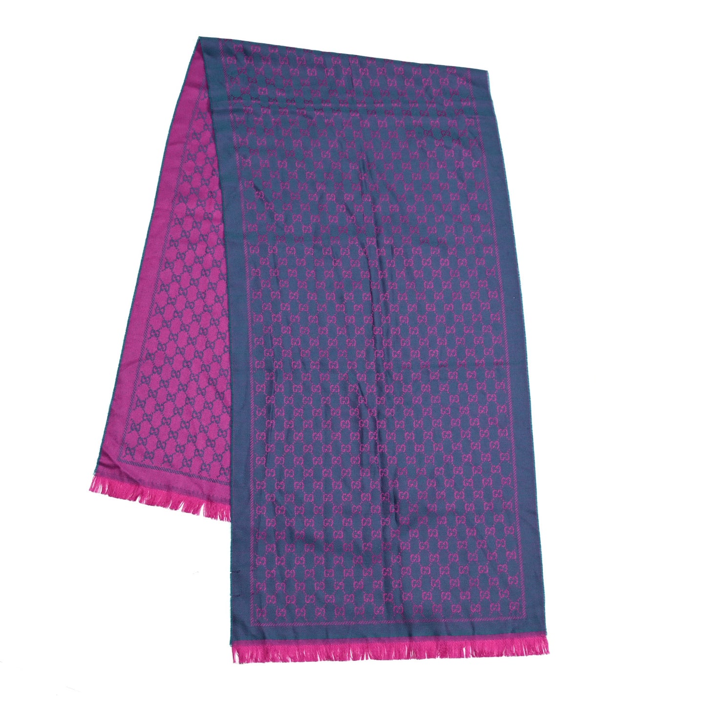 Wool GG Monogram Reversible New Sten Fringe Scarf Petroleum Blue Pink