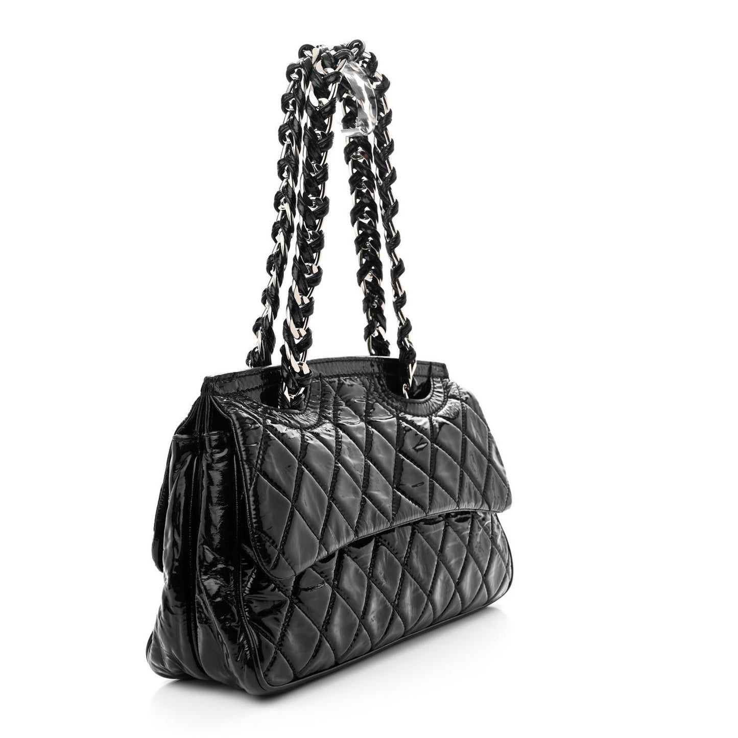 Patent Quilted Day Glo Flap Bag Black