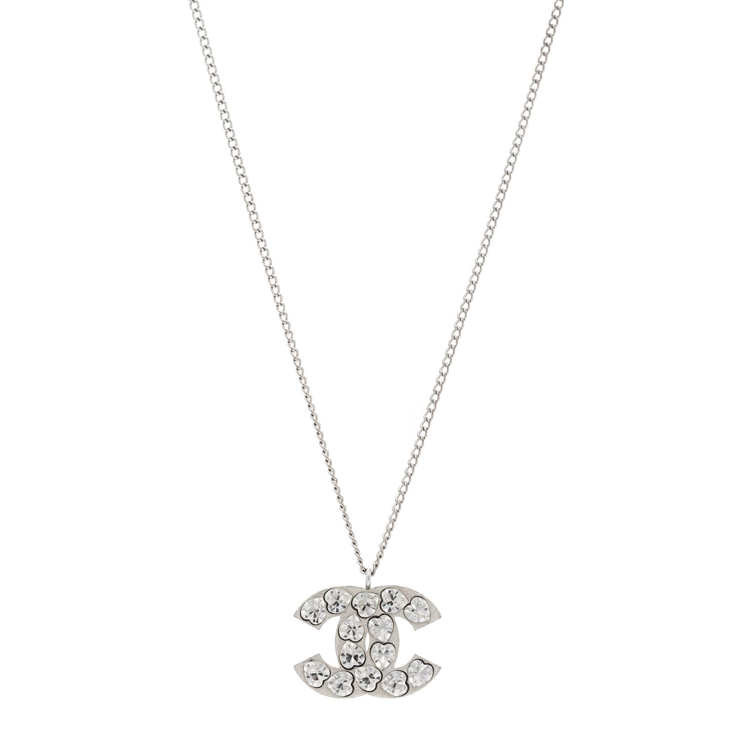 Chanel Heart Crystal CC Necklace Silver 1 of 5