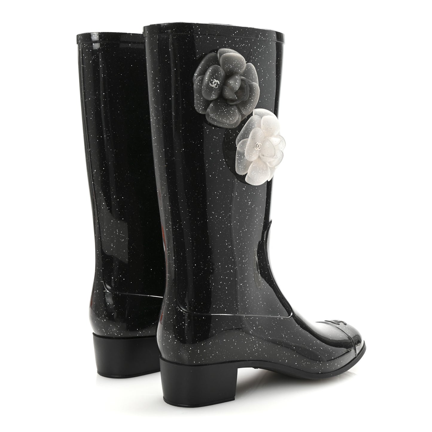 Rubber Glitter Camellia Rain Boots 37 Black
