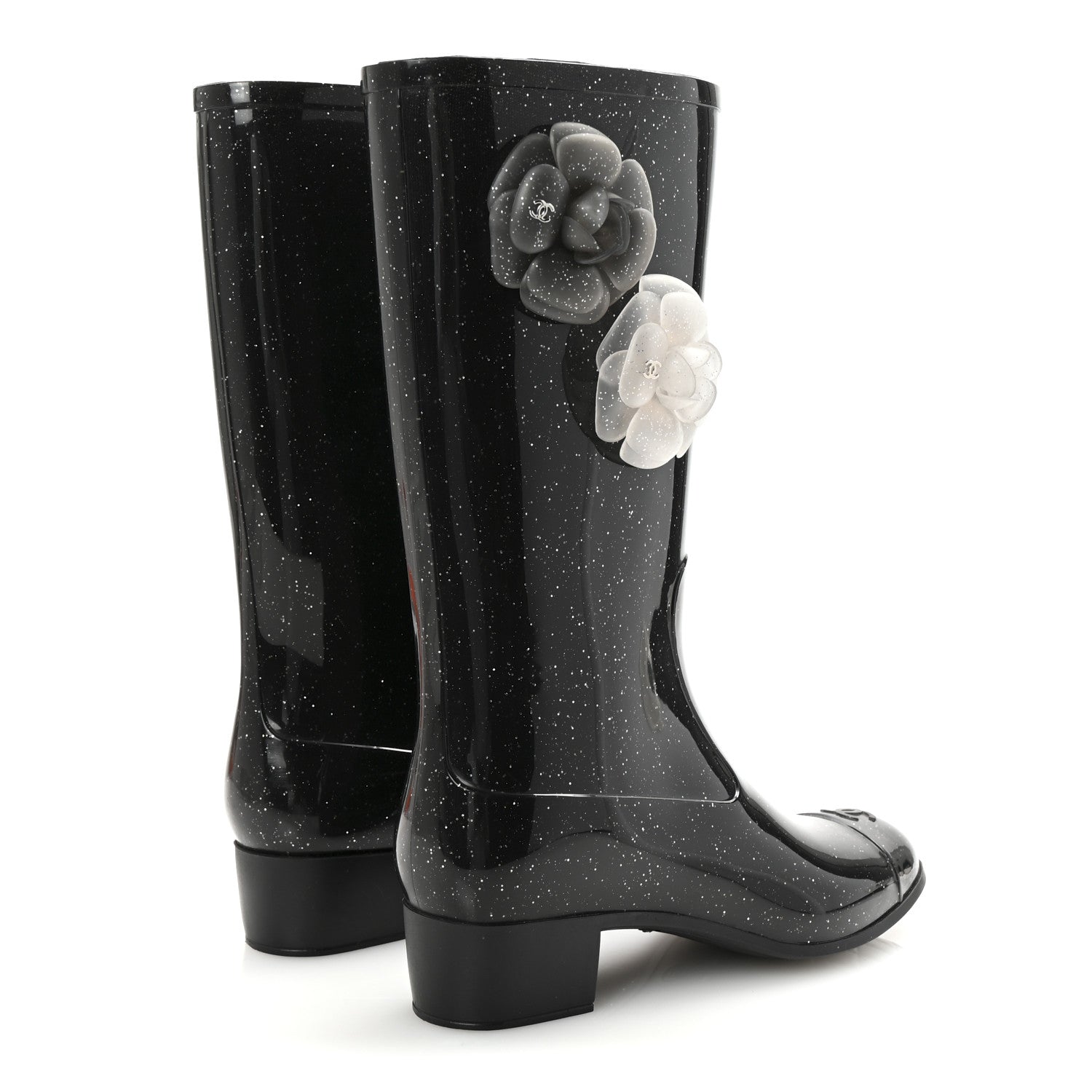 Chanel Rubber Glitter Camellia Rain Boots 37 Black 5 of 8