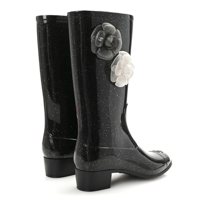 Chanel Rubber Glitter Camellia Rain Boots 37 Black 5 of 8