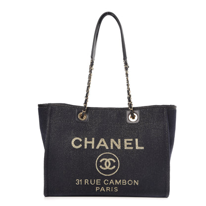 Chanel Lurex Canvas Small Deauville Tote Navy Blue Gold 1 of 10