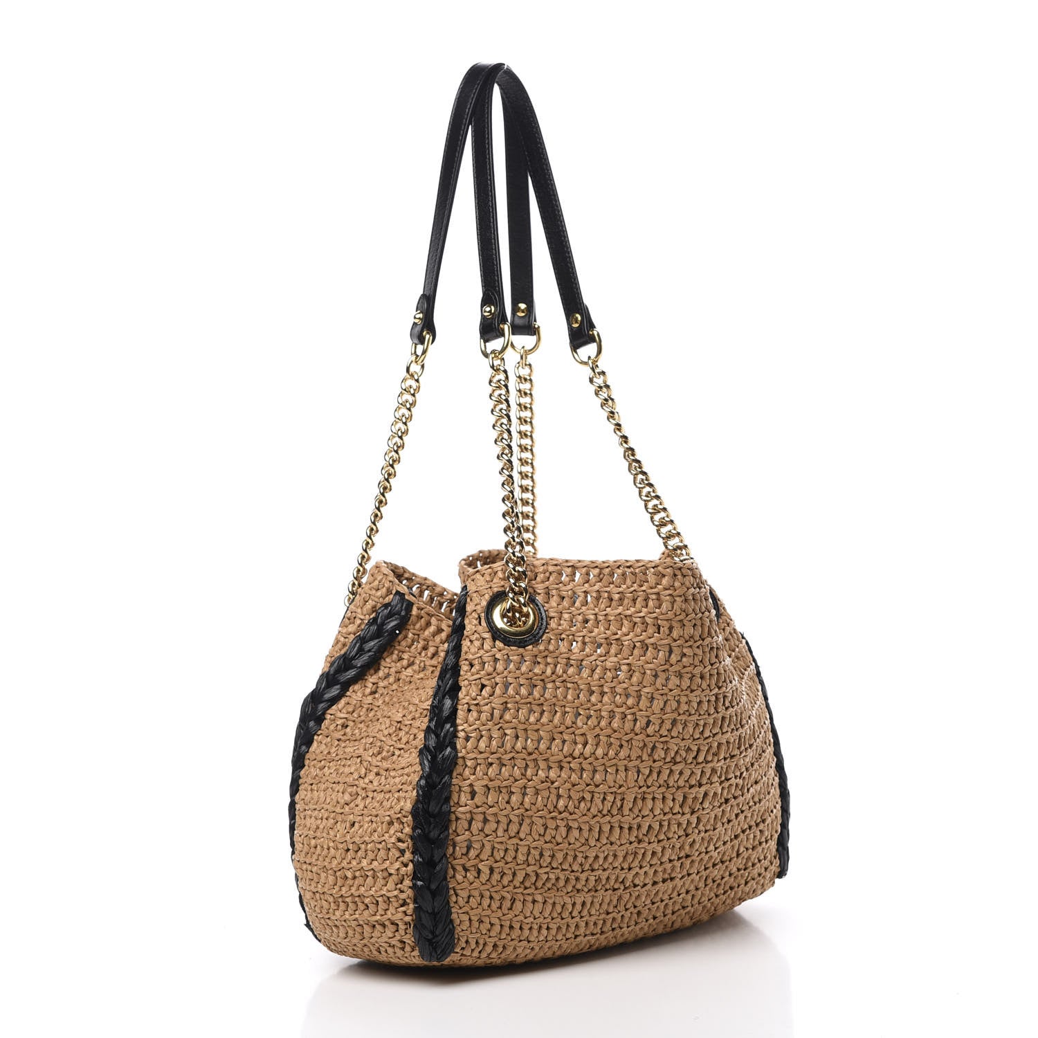 Gucci Raffia Effect Medium GG Marmont Shoulder Tote Bag Natural Black 3 of 11