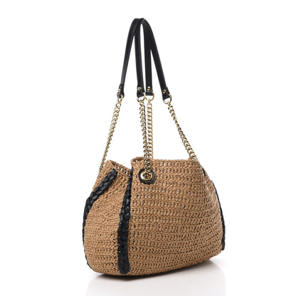 Gucci Raffia Effect Medium GG Marmont Shoulder Tote Bag Natural Black 3 of 11