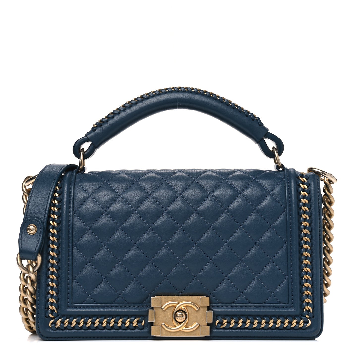 Calfskin Quilted Medium Top Handle Boy Flap Blue