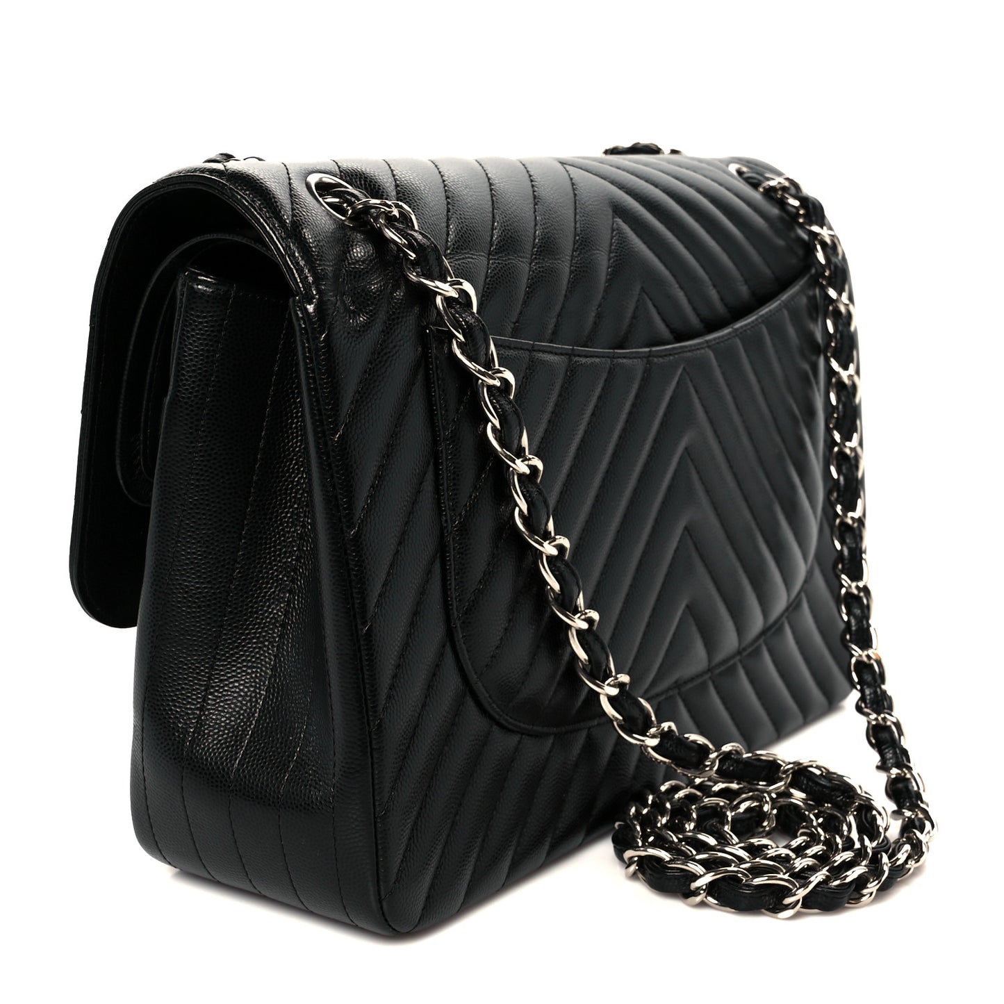 Caviar Chevron Quilted Jumbo Double Flap Black