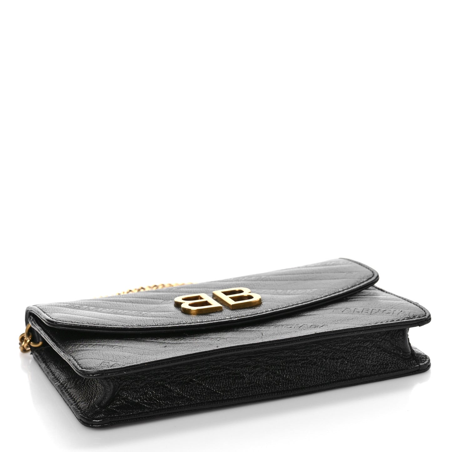Shiny Goatskin Logo Embossed BB Wallet On Chain Black