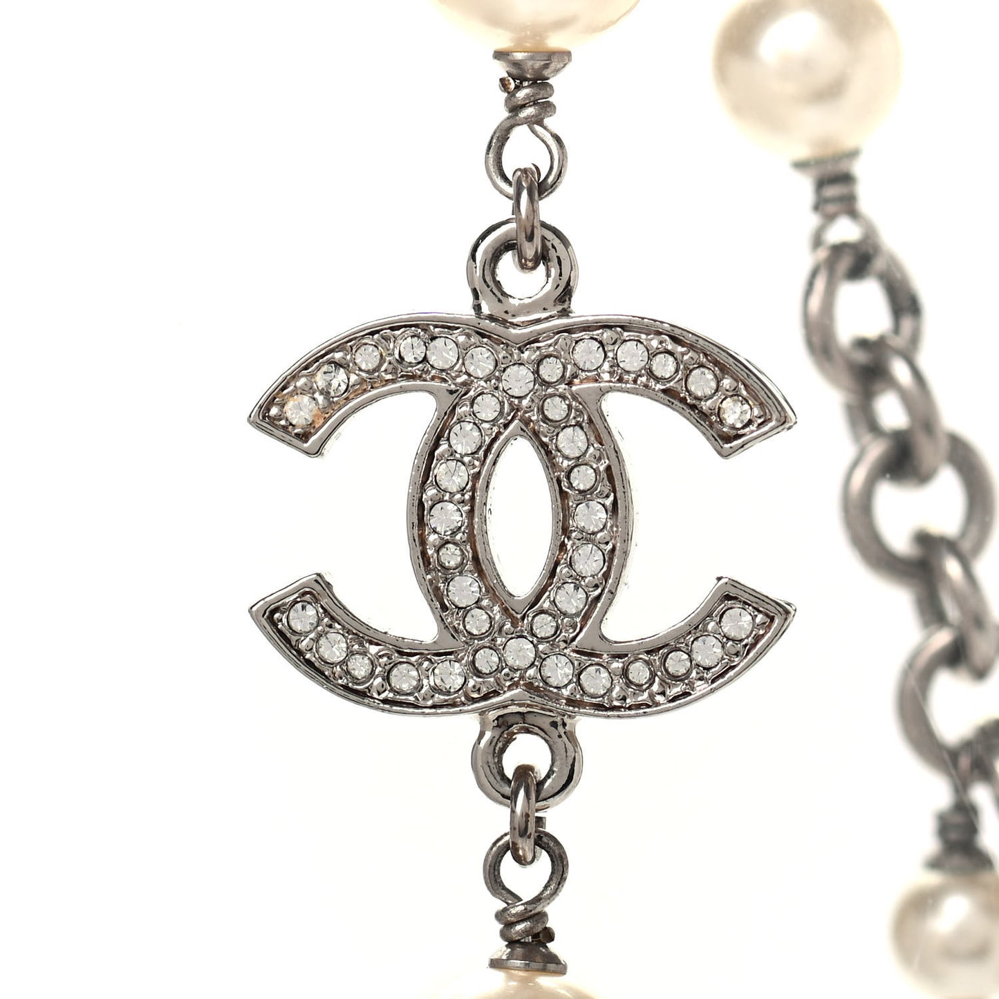 Crystal Pearl CC Long Necklace Silver