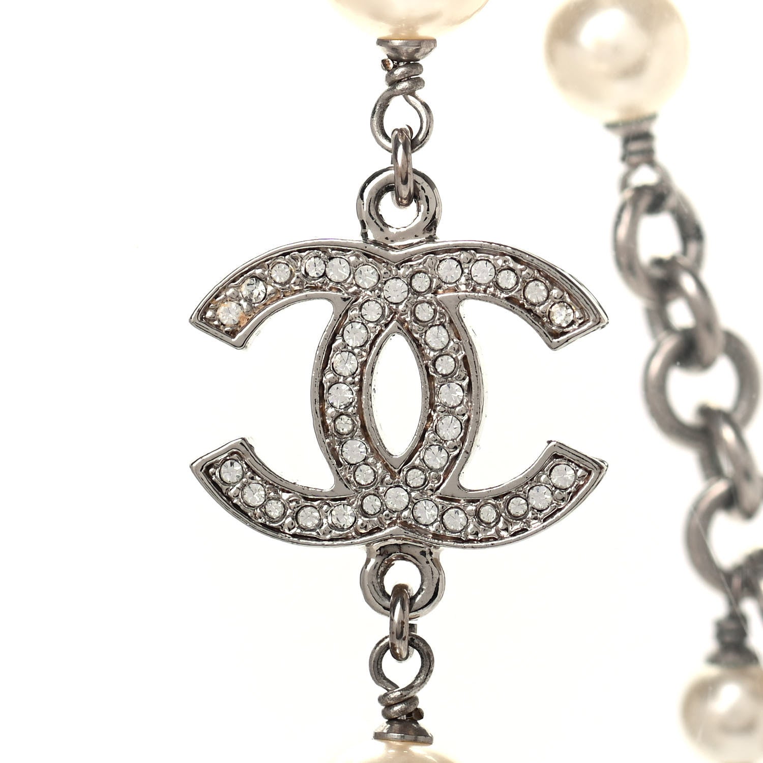Chanel Crystal Pearl CC Long Necklace Silver 4 of 4