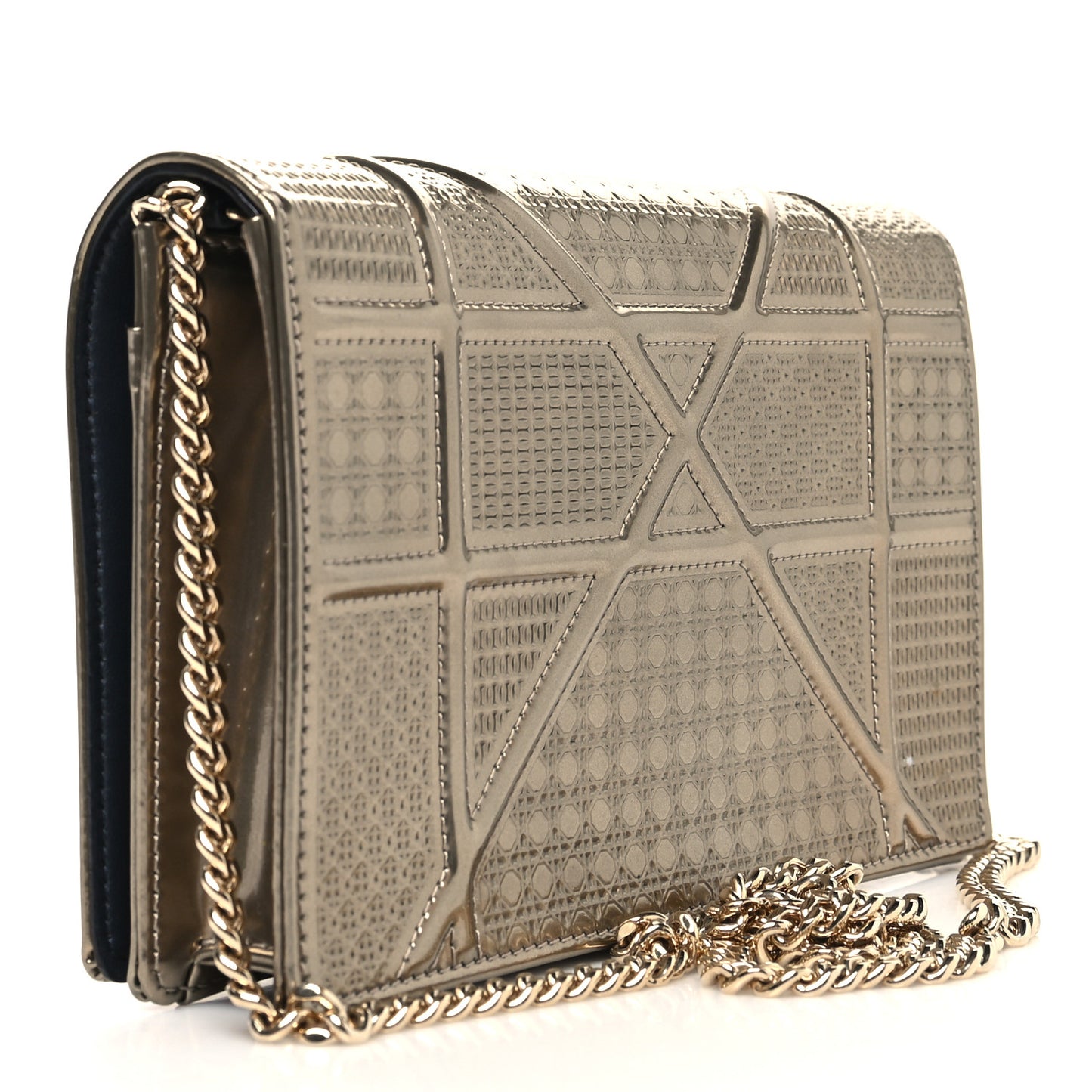Metallic Patent Micro-Cannage Diorama Wallet on Chain Pouch Gold