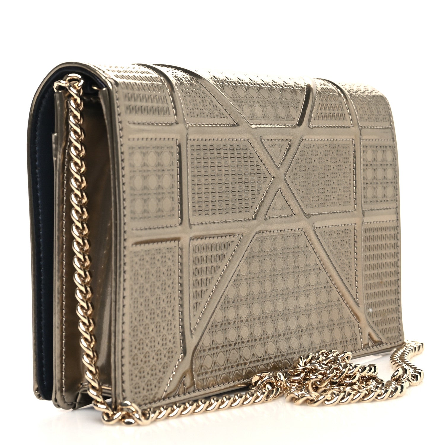 Christian Dior Metallic Patent Micro-Cannage Diorama Wallet on Chain Pouch Gold 2 of 10