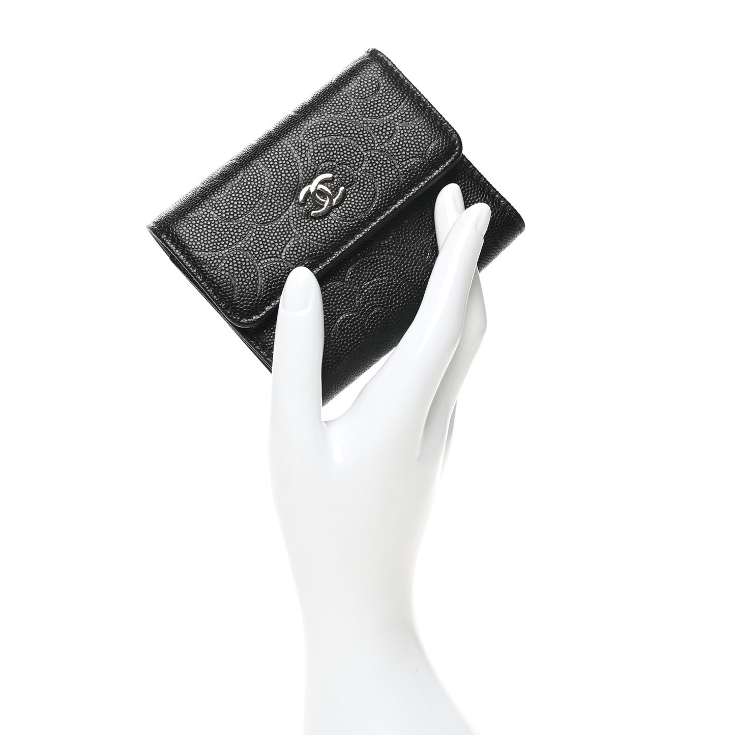 Caviar Camellia Embossed Compact Wallet Black