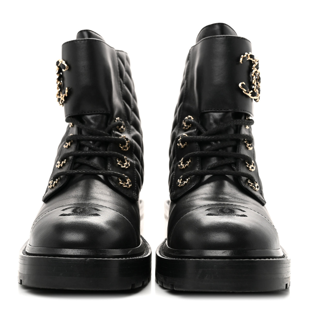 Chanel Shiny Lambskin Quilted Lace Up Combat Boots 39 Black 3 of 9