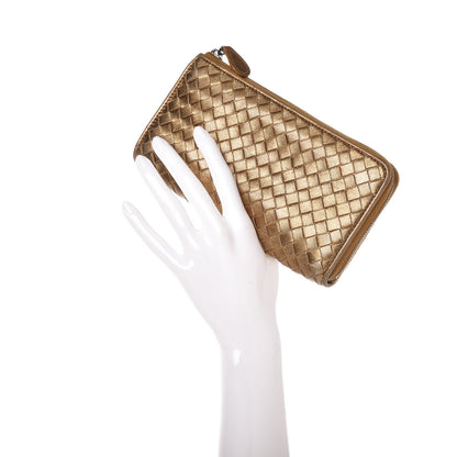Bottega Veneta Metallic Grosgrain Intrecciato Zip Around Wallet Dark Gold 2 of 11
