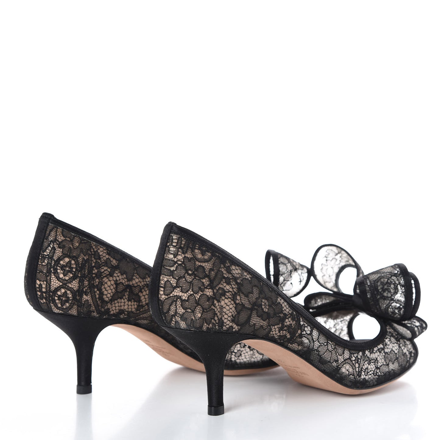 Satin Lace Couture Bow Peep Toe Low Heel Pumps 37.5 Black