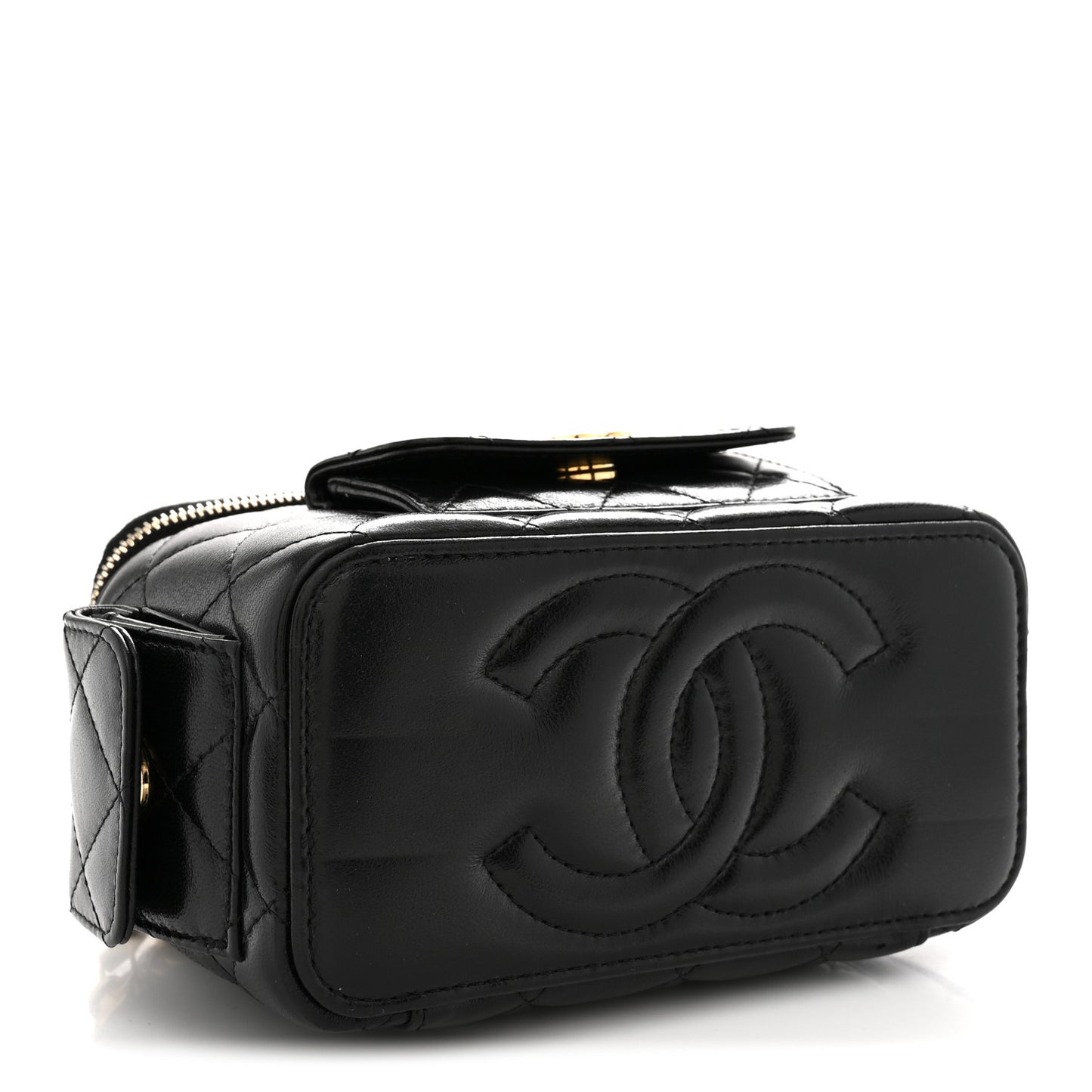 Lambskin Quilted Polly Pocket East West Top Vanity With Chain Black