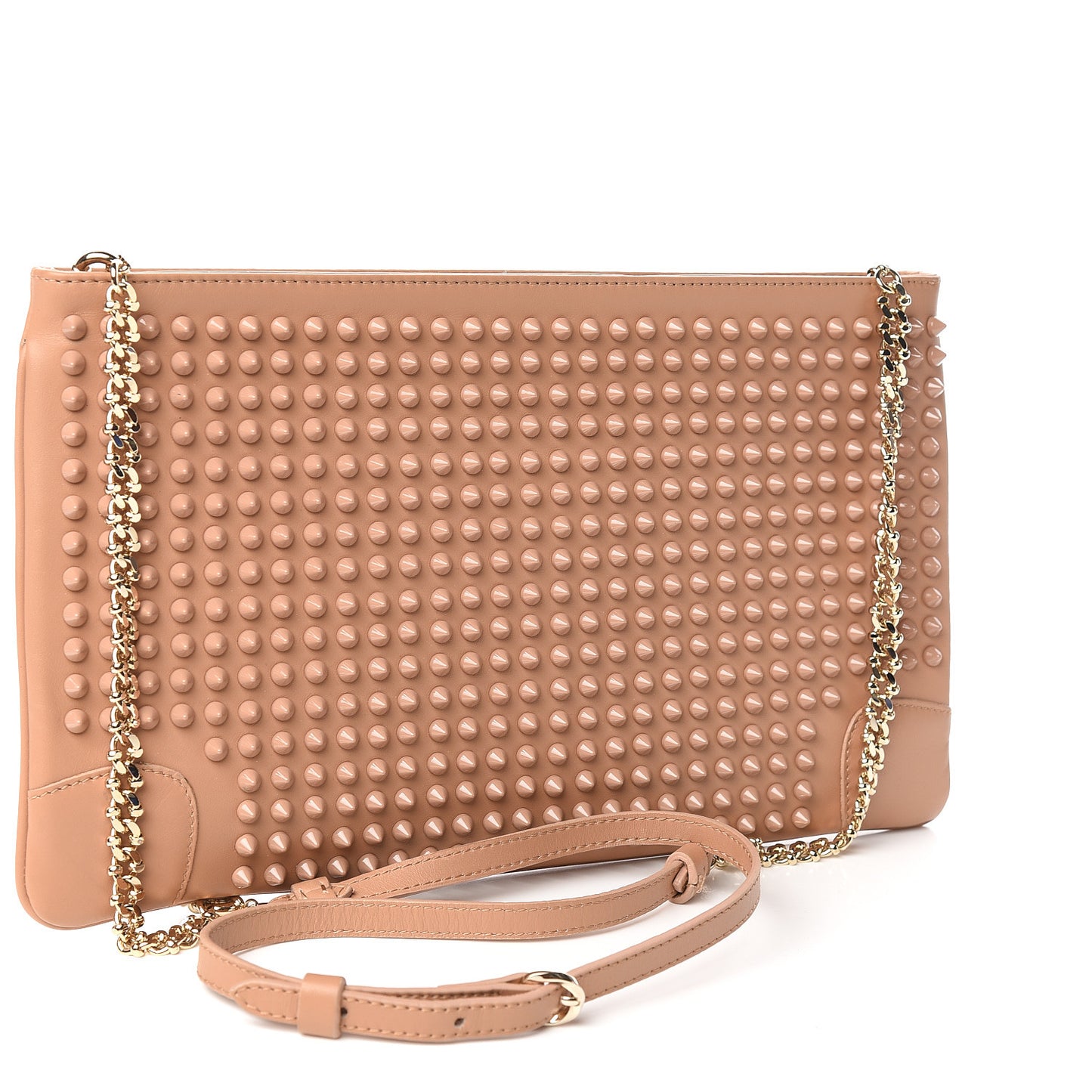 Calfskin Studded Loubiposh Chain Clutch Nude