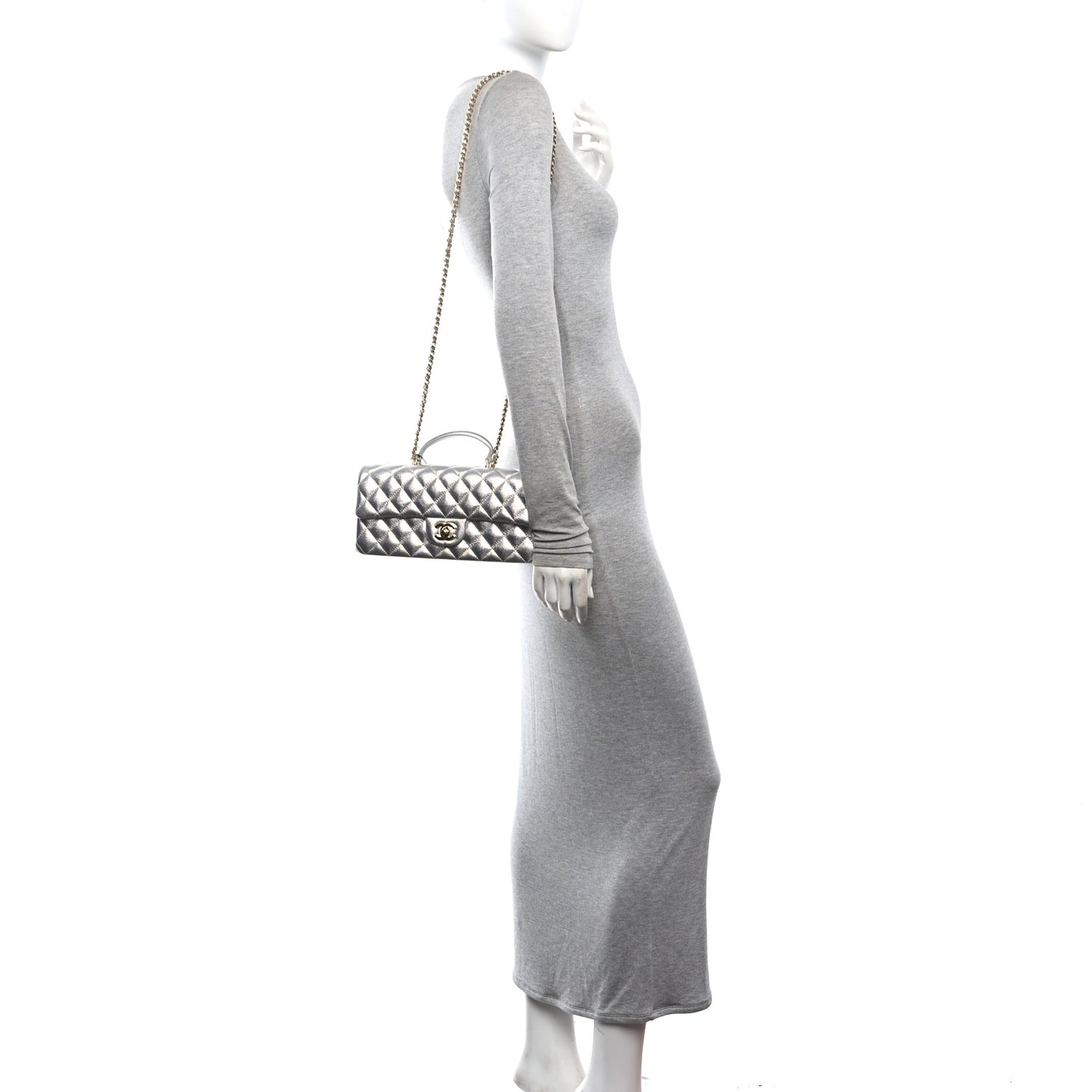Metallic Caviar Quilted Top Handle East West Flap Silver