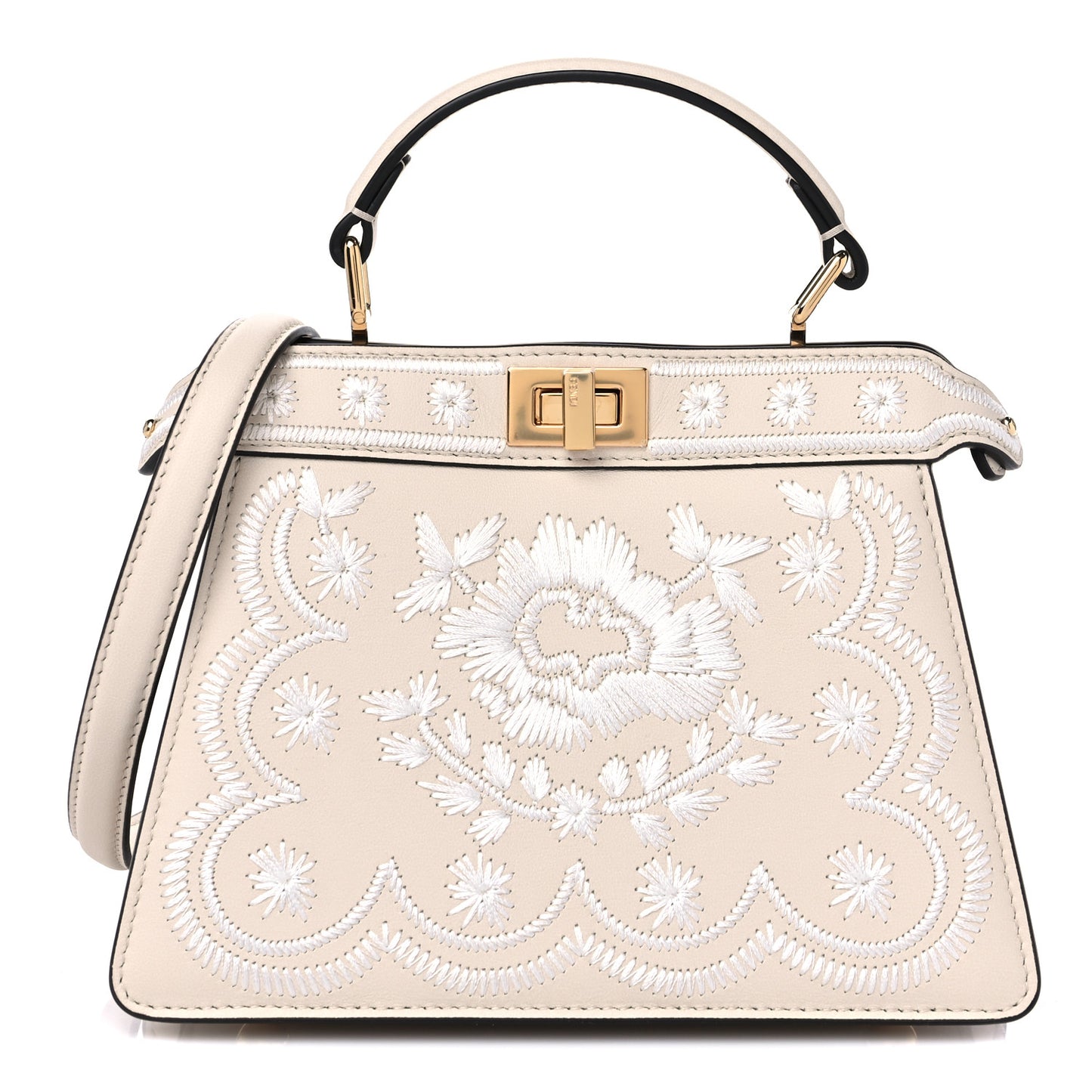 Vitello Seta Shiny Nappa Floral Embroidered Petite Peekaboo I SEE U Satchel Camelia White Ice