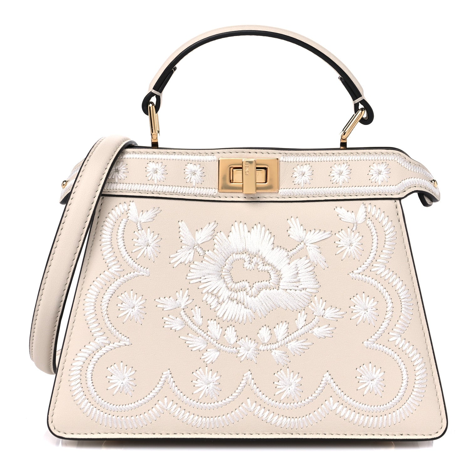 Fendi Vitello Seta Shiny Nappa Floral Embroidered Petite Peekaboo I SEE U Satchel Camelia White Ice 1 of 9