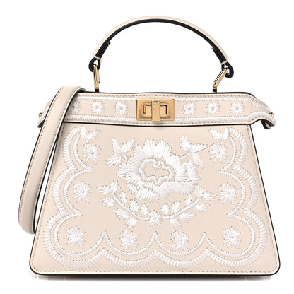 Fendi Vitello Seta Shiny Nappa Floral Embroidered Petite Peekaboo I SEE U Satchel Camelia White Ice 1 of 9