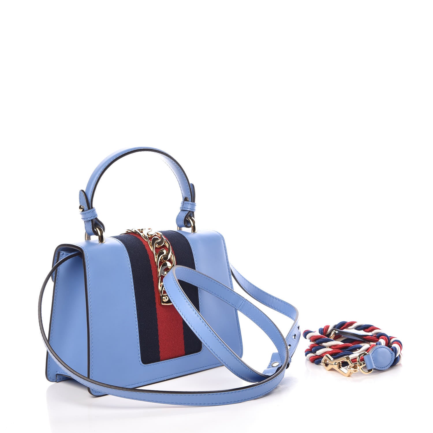 Gucci Vitello Fontanella Web Mini Sylvie Top Handle Bag Clear Sky Blue 5 of 11