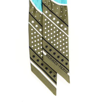 Hermes Silk Les Flacons Bandana Twilly Kaki Turquoise Blanc 2 of 3