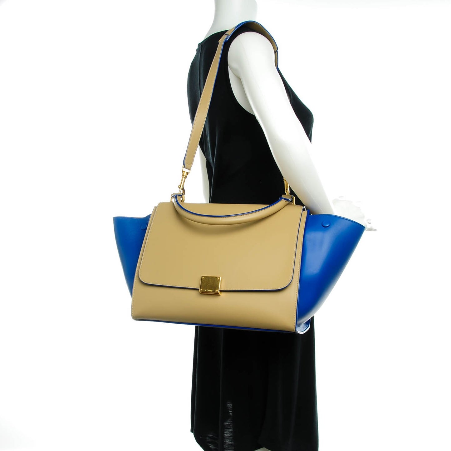 Smooth Calfskin Medium Bi-Color Trapeze Khaki Blue Trim
