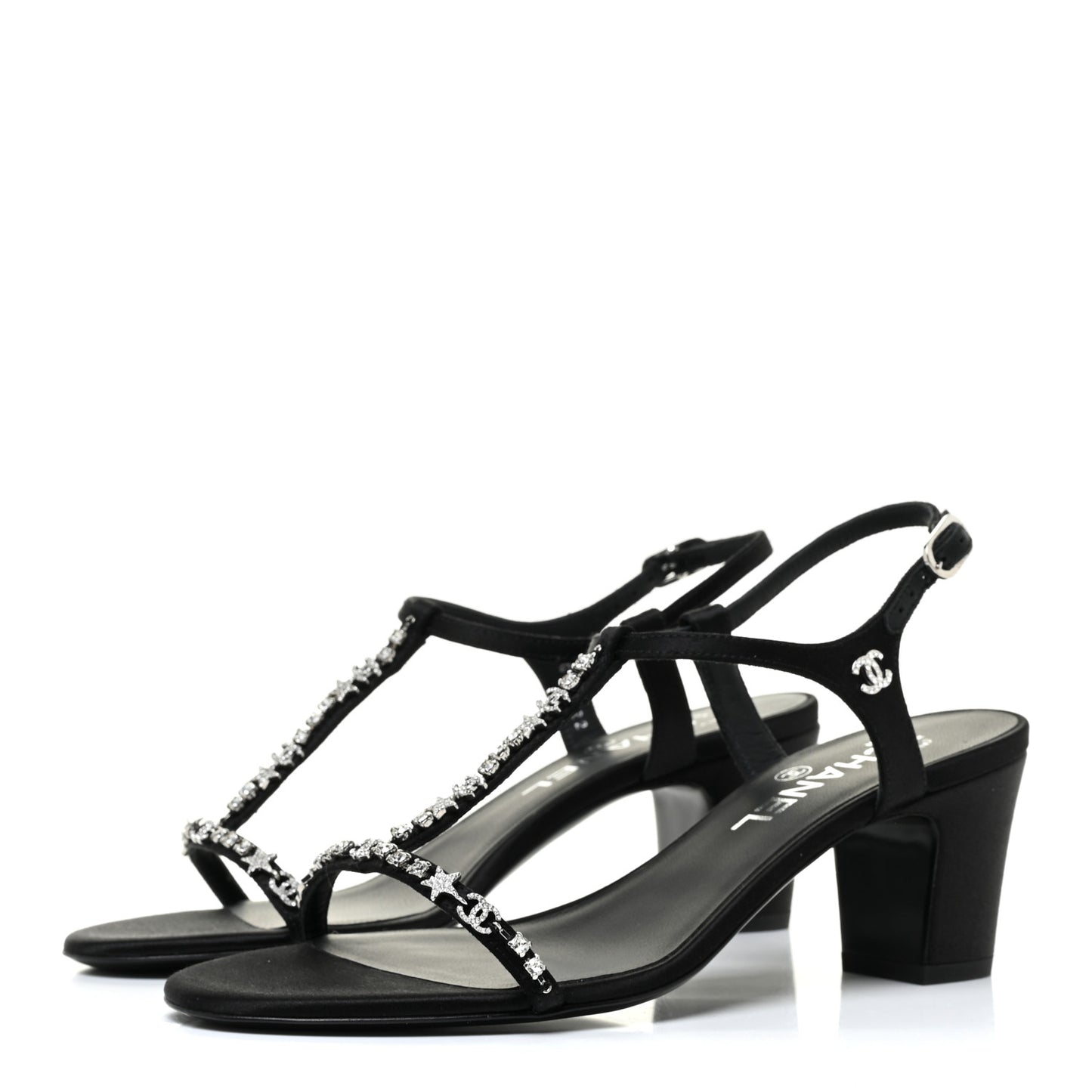 Satin Crystal CC Star Sandals 37.5 Black