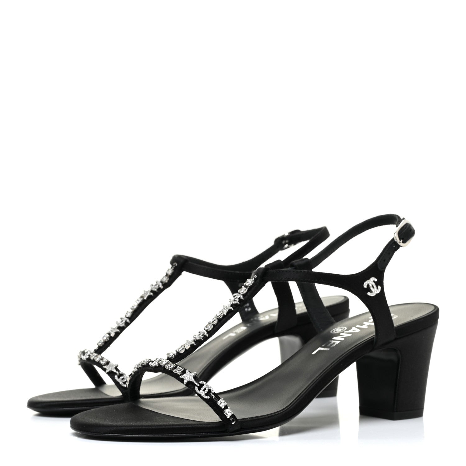 Chanel Satin Crystal CC Star Sandals 37.5 Black 3 of 9