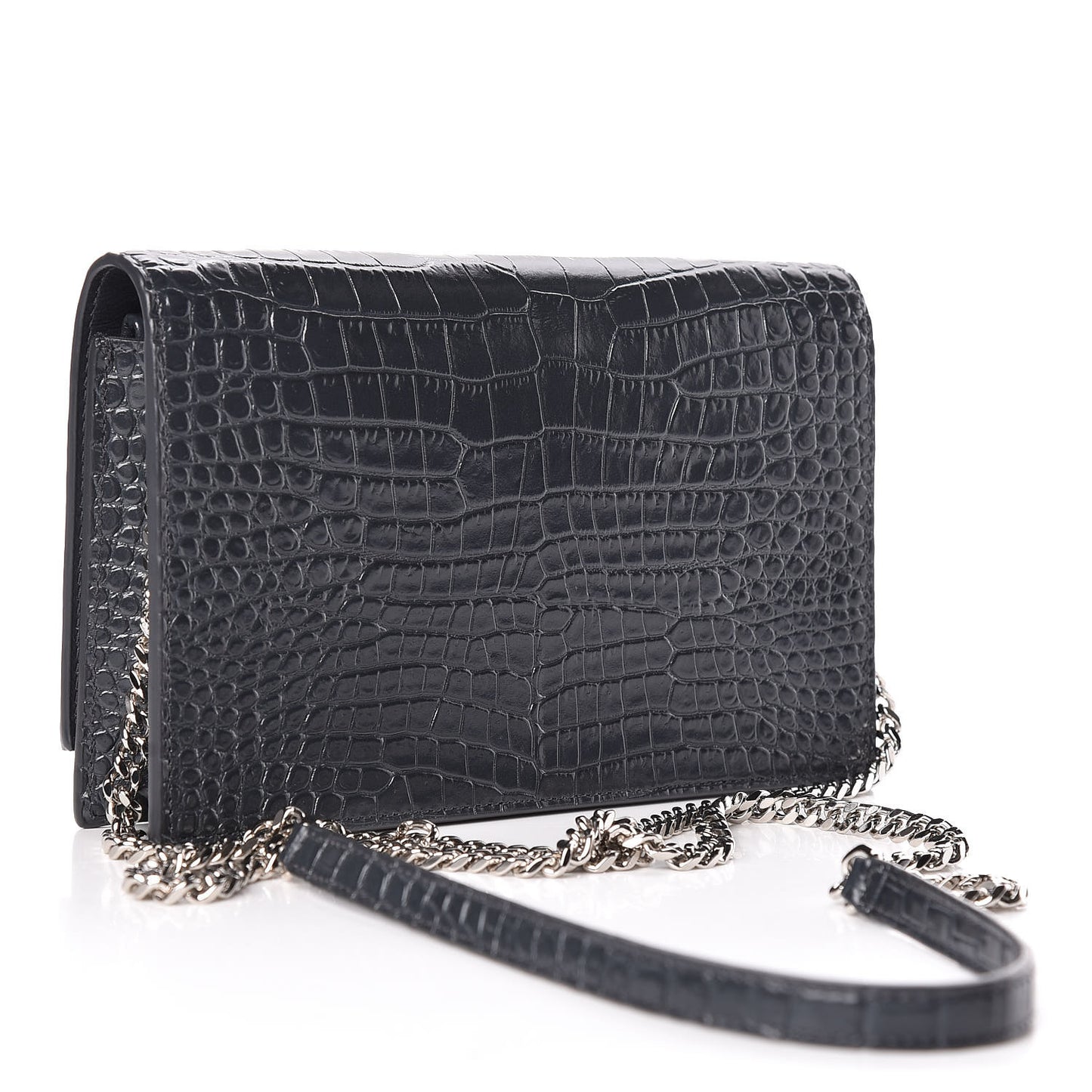 Calfskin Crocodile Embossed Kate Monogram Tassel Chain Wallet Dark Smog