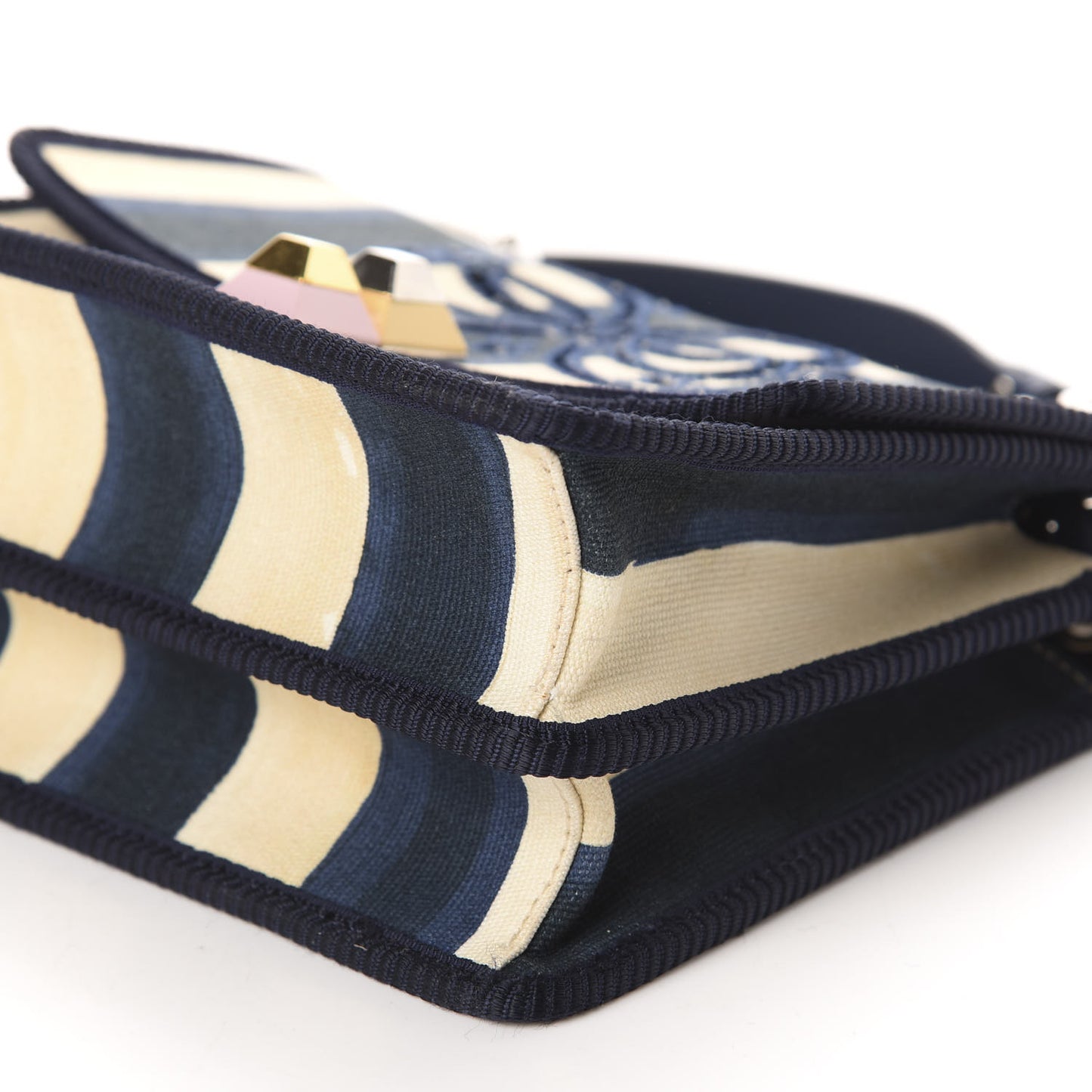 Canvas Calfskin Striped Bow Small Kan I Shoulder Bag Blueberry