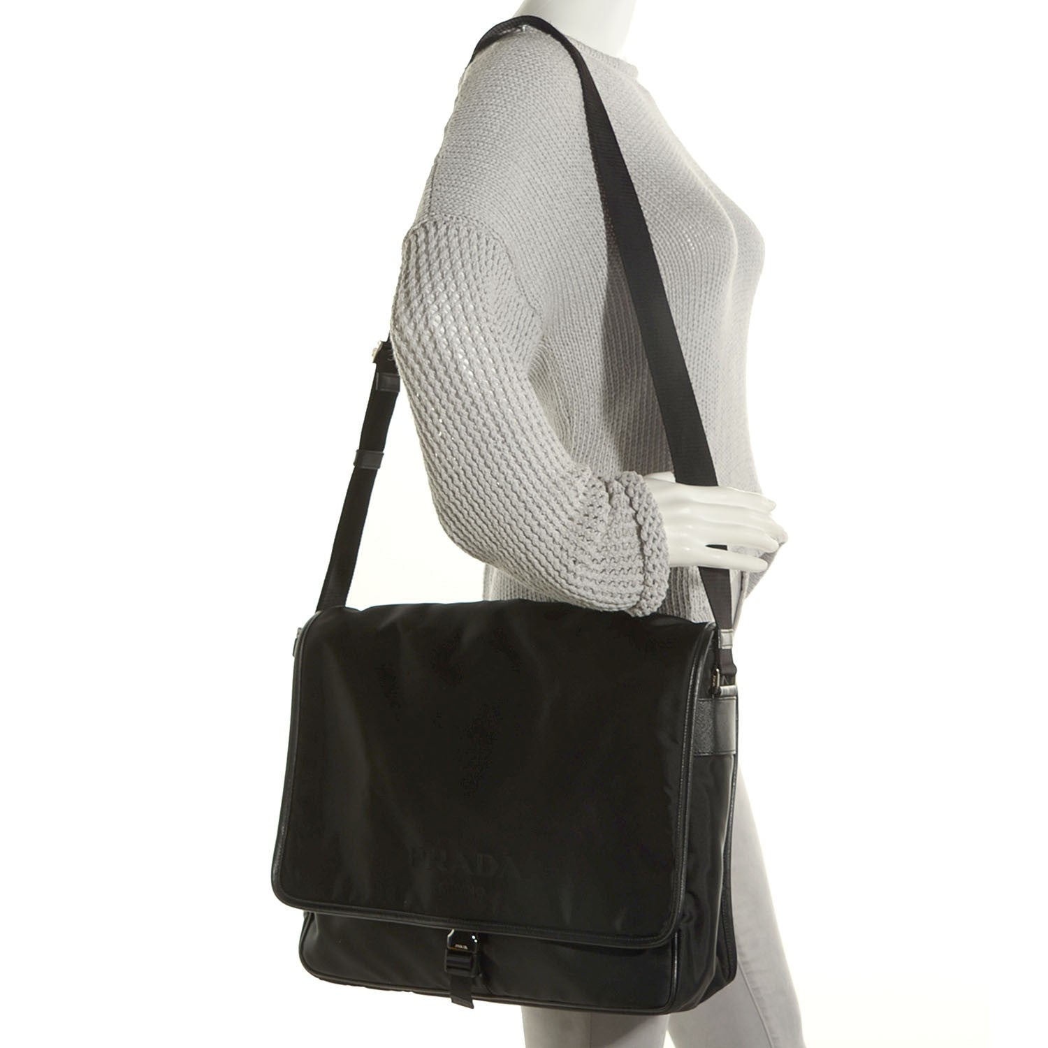 Prada Tessuto Nylon Saffiano Messenger Satchel Black 2 of 8