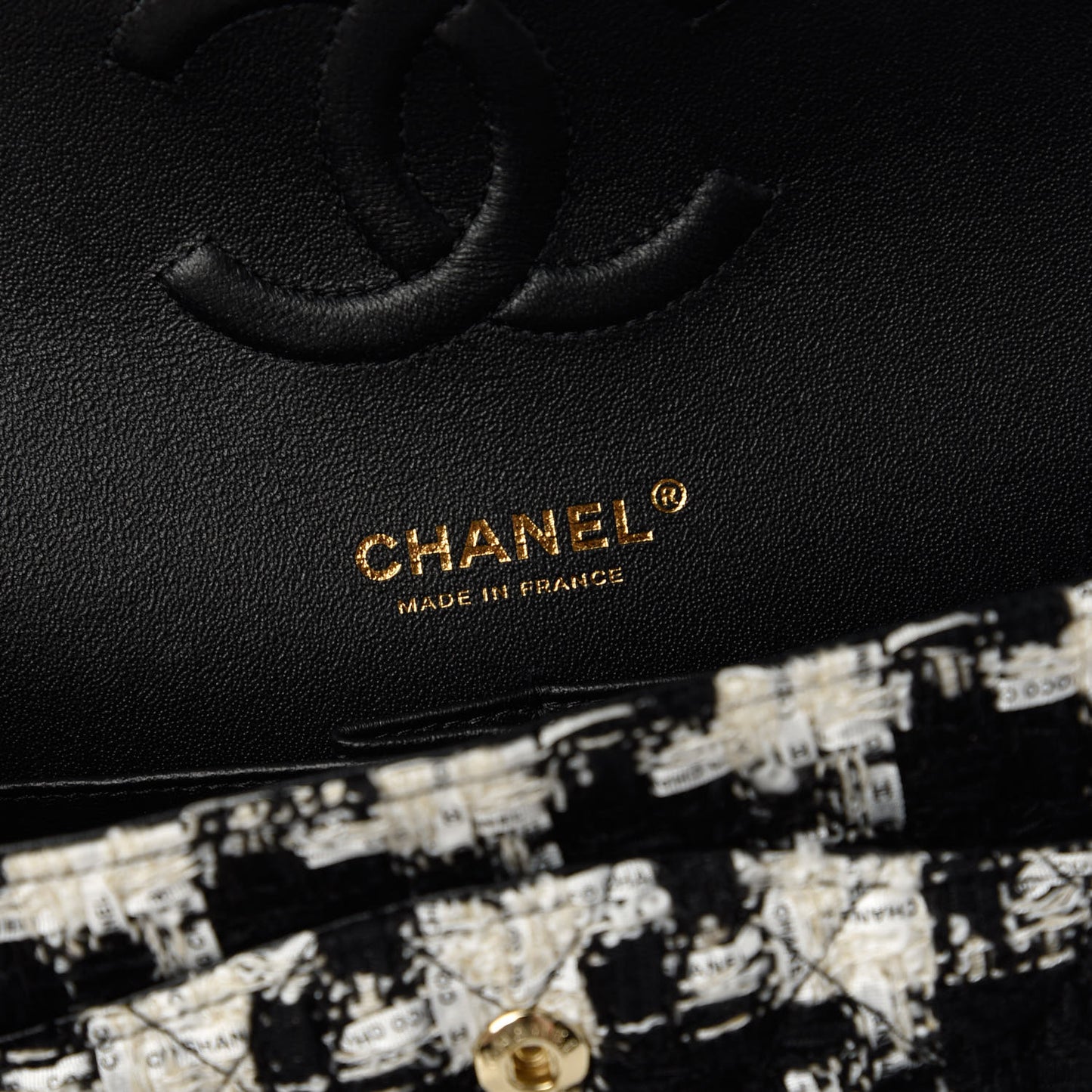 Tweed Quilted Medium Double Flap Black Ecru White