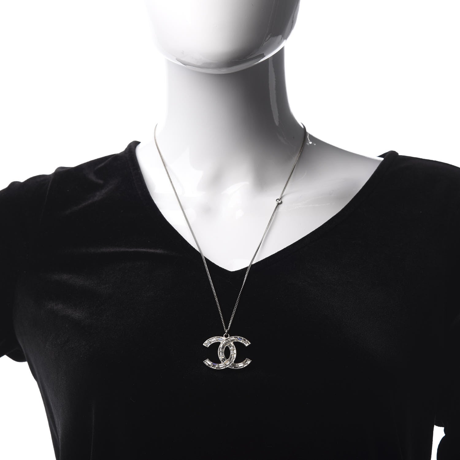 Chanel Baguette Crystal CC Pendant Necklace Silver 2 of 4