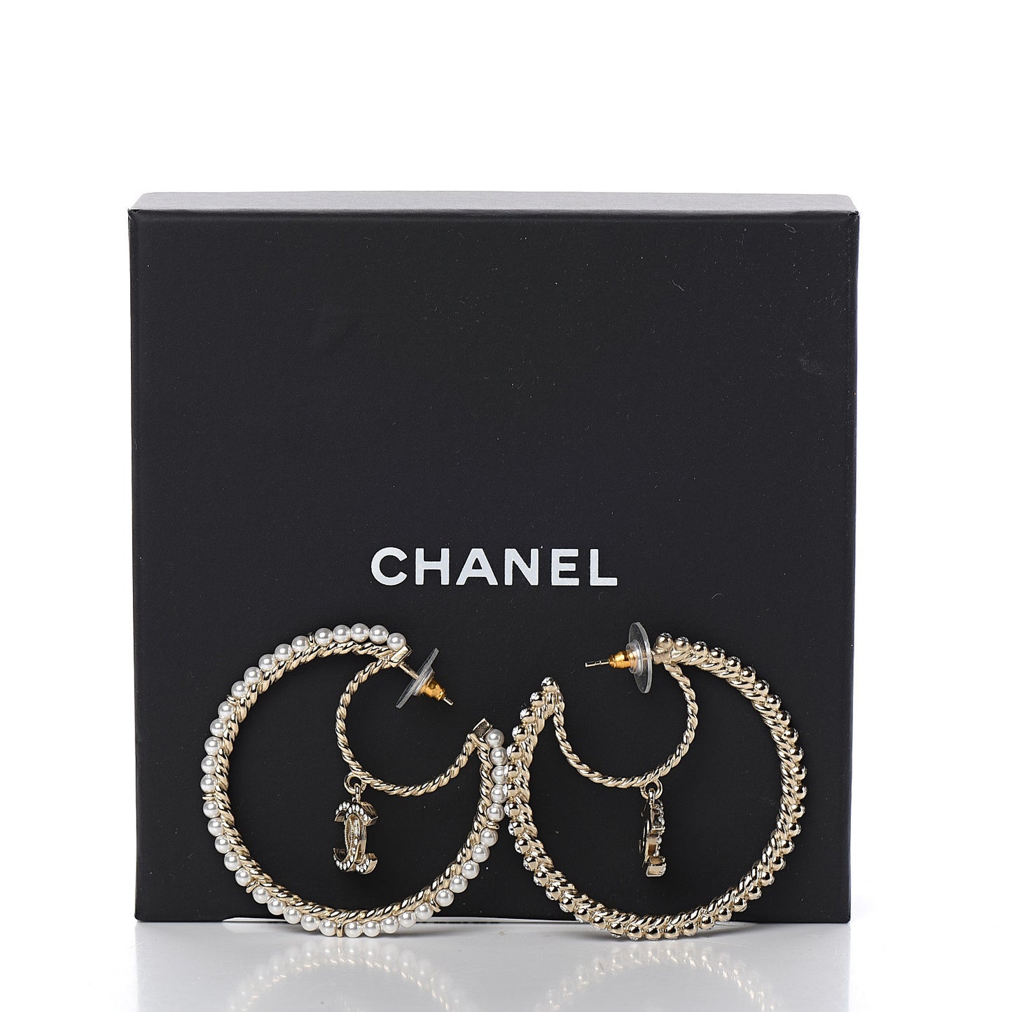 Crystal Pearl CC Drop Hoop Earrings Gold Pearly White