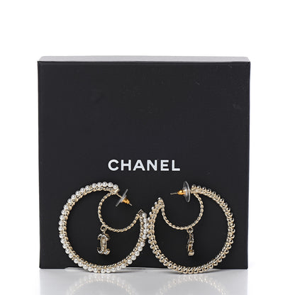 Chanel Crystal Pearl CC Drop Hoop Earrings Gold Pearly White 5 of 5